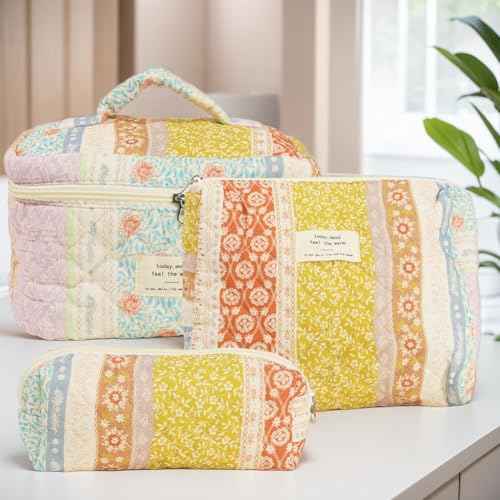 Generic Quilted Makeup Bag Set, Cute Cotton Floral Cosmetic Bags, 3 in 1 Set, Travel Toiletry Organizer