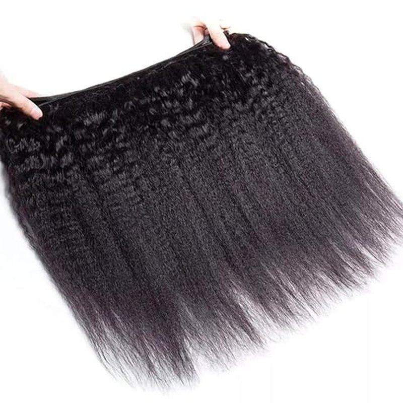 Hair Bundles 12A Yaki Kinky Straight Human Hair 3 Bundles 100% Unprocessed Mongolian Virgin Human Hair Kinky Straight Bundles Yaki Hair Natural Color (20 22 24)