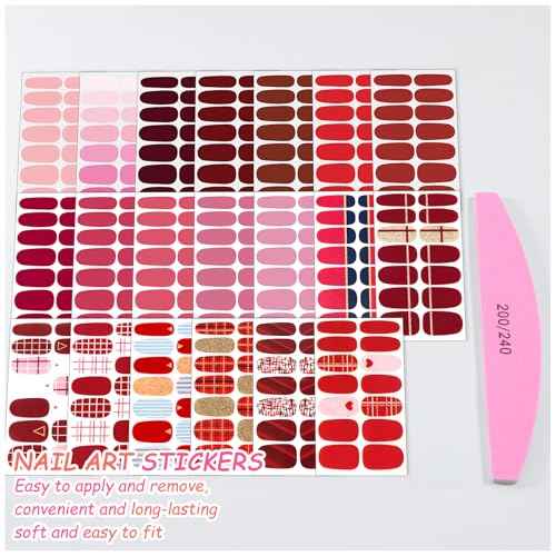 SILPECWEE 560 Pieces 40 Sheets Nail Polish Strips, Red Nail Stickers Full Nail Wraps for Women, Self Adhesive Gel Strips Manicure Design, Fingernail Sticker Nails with File