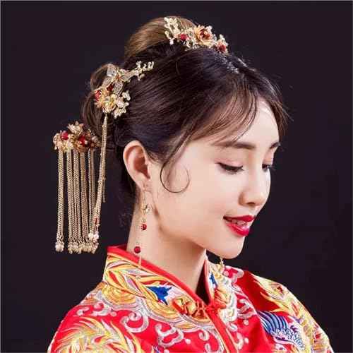 Women Gold Butterfly Hair Comb Traditional Chinese Wedding Headdress Accessories Red Pearl Stick Head Jewelry Bridal Headpiece