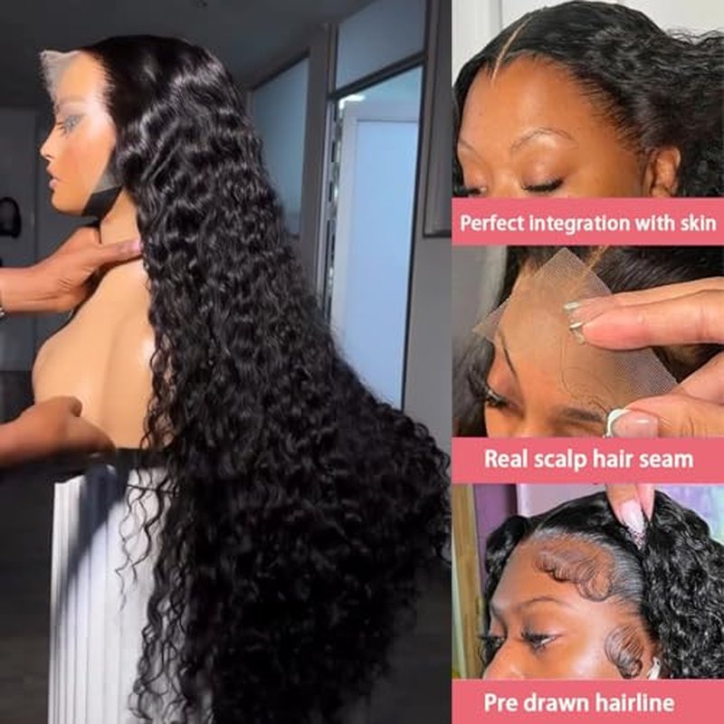 Dianthe Deep Wave Lace Front Wigs Human Hair 180% Density 13x6 HD Transparent Glueless Pre Plucked Deep Curly Wig Wet and Wavy Human Wigs for Women with Baby Hair (Deep Black, 22-Inch)