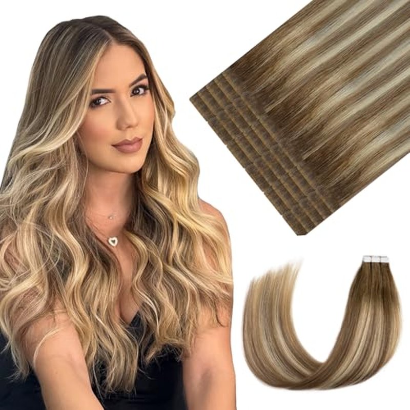 Youngsmile Invisible Tape in Hair Extensions Human Hair Balayage #3/8/22 Walnut Brown to Ash Brown and Golden Blonde 20pcs 40g 18 Inch Injection Tape in Extensions Real Human Hair (#3/8/22,18'')