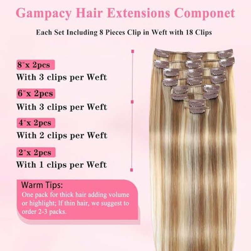 Clip in Hair Extensions Real Human Hair, Seamless Clip ins Real Human Hair for Women, Remy Human Hair Clip in Extensions, Double Weft 8pcs 20 inch Light Blonde Highlighted Golden Blonde