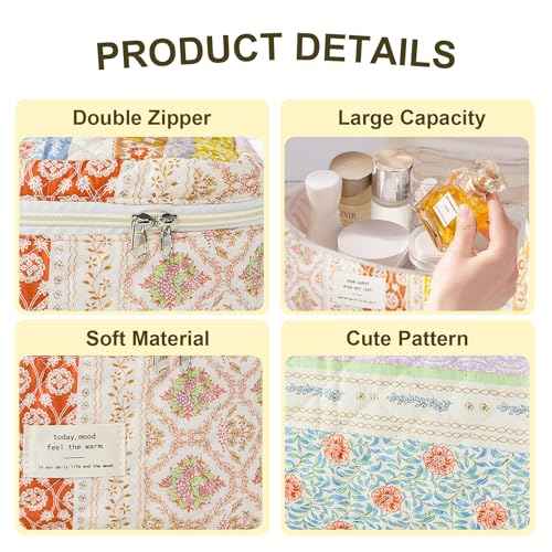 3Pcs Makeup Bag Cotton Quilted Travel Cosmetic Bag Cute Floral Makeup Pouch Large Toiletry Bag for Women Girls (Flower stitching)