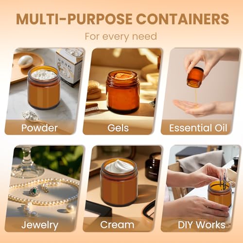 4 oz Amber Glass Jars with Lids - 32 Pack Brown Cosmetic Containers with Stickers & 4 Spoons, Wide-Round Smooth Mouth, Sealable for Creams, Essential Oils, Body Butter, Travel Samples