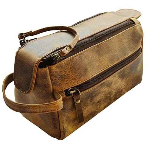 RUSTIC TOWN Buffalo Leather Toiletry Bag : Vintage Travel Shaving & Ditty Kit : for Toiletries, Cosmetics & More : Spacious Interior & Waterproof Lining : Compact, Fits Easily in Luggage