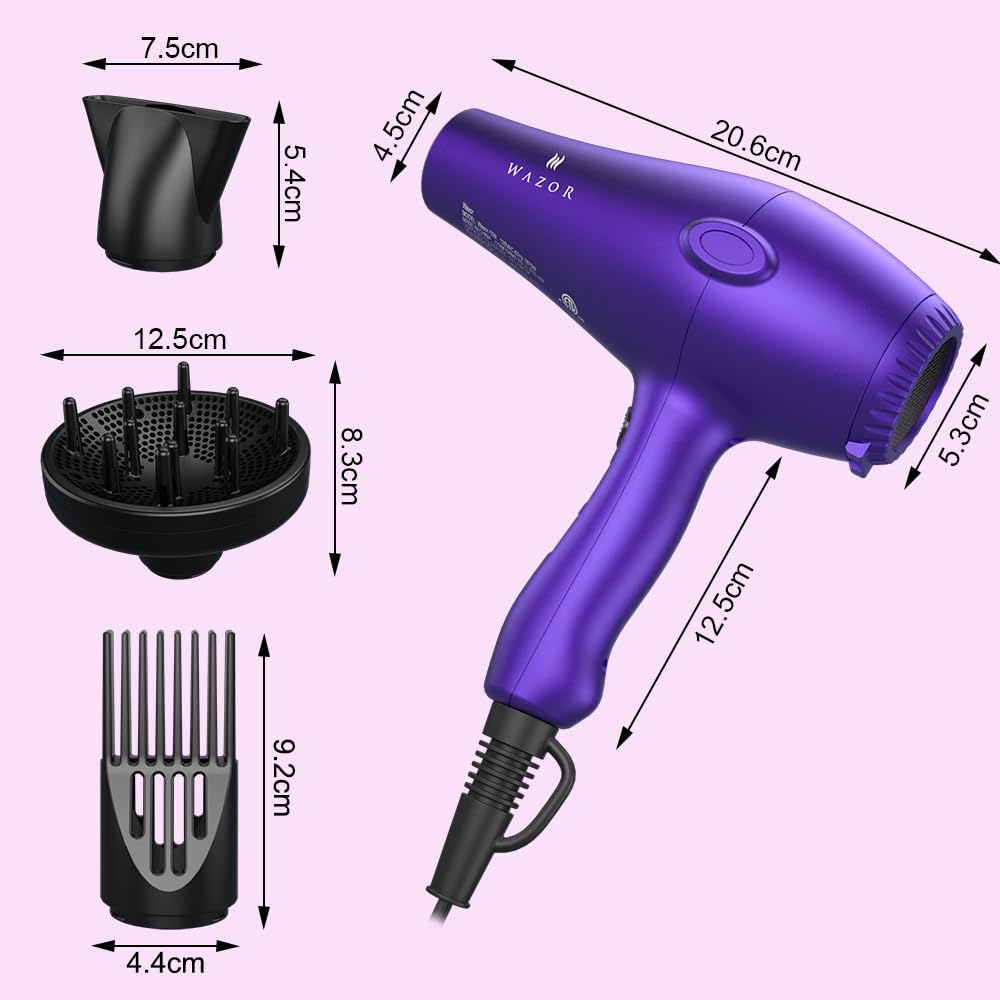 Wazor 3rd Generation Lightweight Low Noise Hair Dryer,(1875W Tourmaline Ceramic Negative Ionic Blow Dryer 2 Speed 3 Heat Settings Cool Shot with Diffuser Concentrator(Purple)