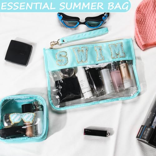 2 Pcs Swim Bag Cosmetic Makeup Bag with Chenille Letter Patch, Clear Pouch PVC Organizer Purse, Waterproof Travel Beach Bag, Portable Toiletry Storage Bag