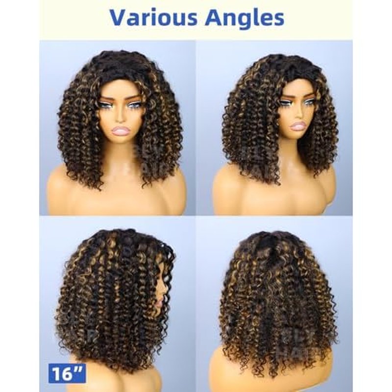 BLY Highlight Water Wave Half Wig Human Hair 3 in 1 Glueless Drawstring Flip Over Wear Go Wig for Women 1B 30 Color 180 Density Short Bob Wigs 14 Inch