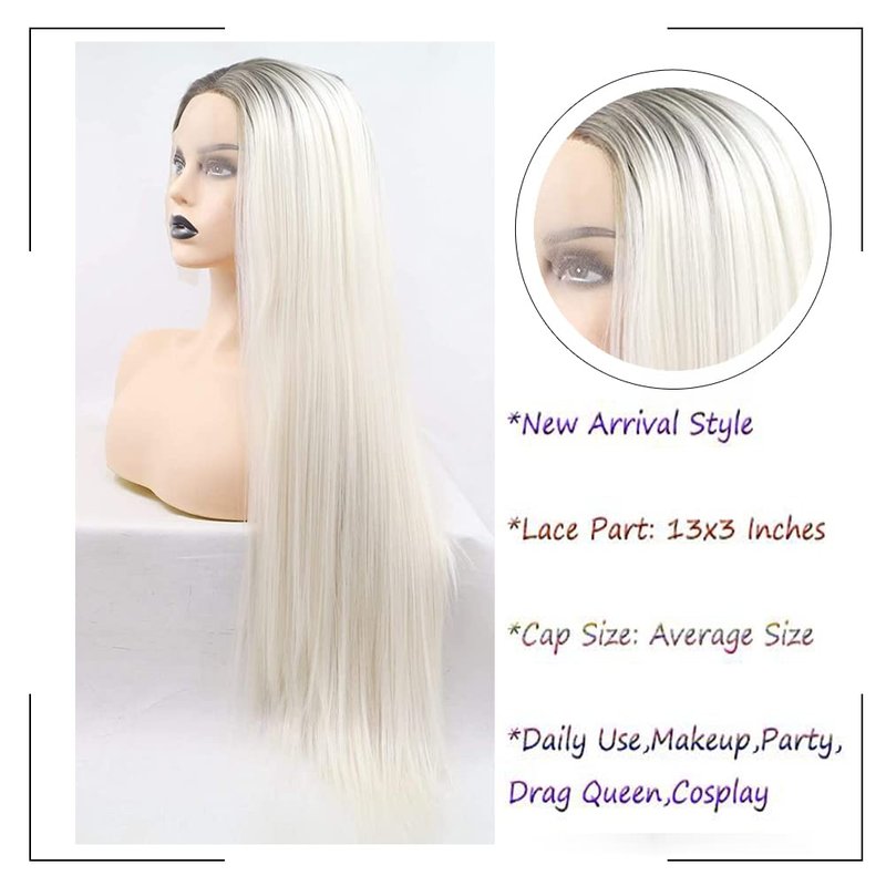 Angle Lucky Long Straight Platinum Blonde Lace Front Wig Synthetic Omber Blonde with Black Root Middle Part Wig Heat Resistant Fibre Realistic Hairline Daily Wigs for Women 24 Inch