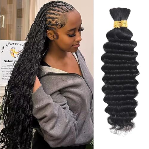 Human Braiding Hair For Boho Braids 100g Deep Wave Bulk Human Hair for Braiding 12A No Weft Curly Human Hair Extensions Wet and Wavy Boho Hair for Braiding 2 Bundles/Pack (1B-Deep Wave, 22 Inch)