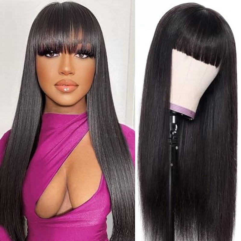 ROSELINE Glueless Wigs Human Hair with Bangs Straight Human Hair Wig with Bangs 150% Density None Lace Front Wigs for Black Women 24inch