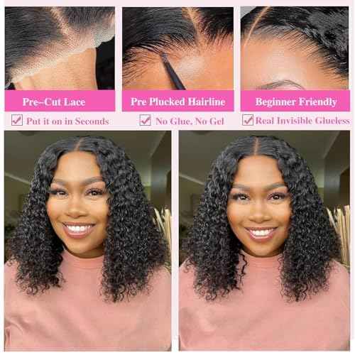 Deep Wave 5x5 HD Lace Closure Curly Wigs for Black Women Glueless Wigs Human Hair Pre Plucked Pre Cut 180 Density Short Curly Human Hair 8 Inch Natural Black