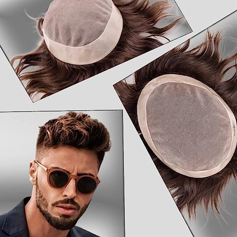 Fine Mono Human Hair Mens Toupee Hairpiece Poly Skin Around Hair System NPU Monofilament Wig Hair Toupees for Men 6X8 INCH #4 Medium Brown Color