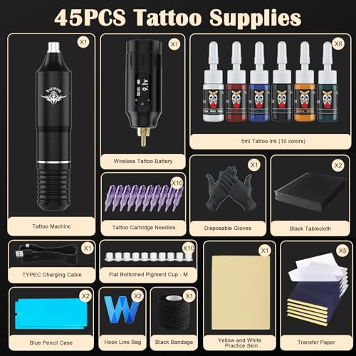 Beginners Tattoo Gun Machine Kit Professional Complete Tattoo Gun Kits for Beginner Rotary Tattoo Pen Set with 10Pcs Tattoo Cartridge Needles for Starter Artists (Black-45Pcs)