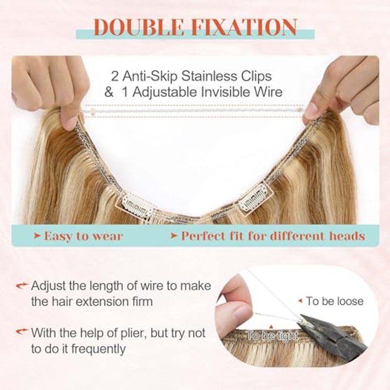Benehair Halo Hair Extensions Real Human Hair 18 Inch Halo Extensions for Women 100% Human Hair Invisible Wire Hair Extensions Golden Brown Hightlights Bleach Blonde #12P613