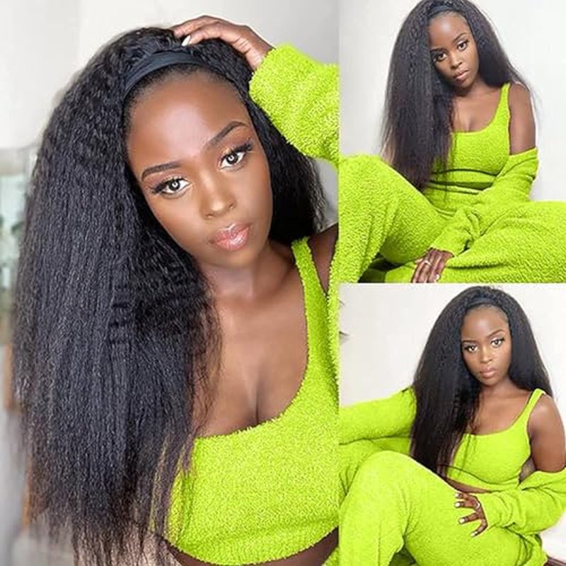 Headband Wigs Human Hair 180% Density 12A Kinky Straight Human Hair Headband Wigs For Black Women Yaki Straight Human with Headband Attached Half Wig Natural Black Color 20 Inch