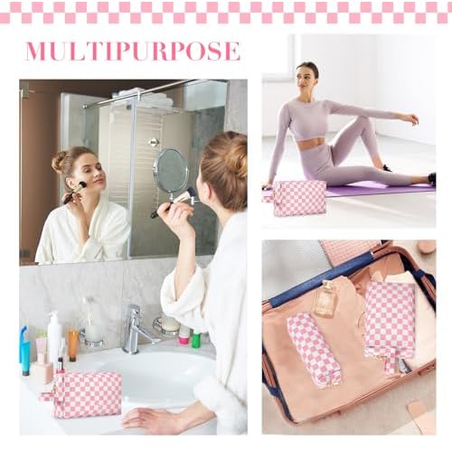 2Pcs Makeup Bag for Women, Large Checkered Cosmetic Bags with Small Makeup Brushes Bag Set, Cute Leather Make Up Orgnizer with Zipper, Travel Skincare Toiletry Storage Bag for Teens Girls Gifts(Black)