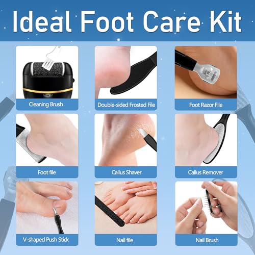 Callus Remover for Feet, Electric Foot Callus Remover Waterproof with 3 Rollers 2 Speed Battery Display,17 in1 Rechargeable Foot File Pedicure Kits for Dead Hard Cracked Dry Skin