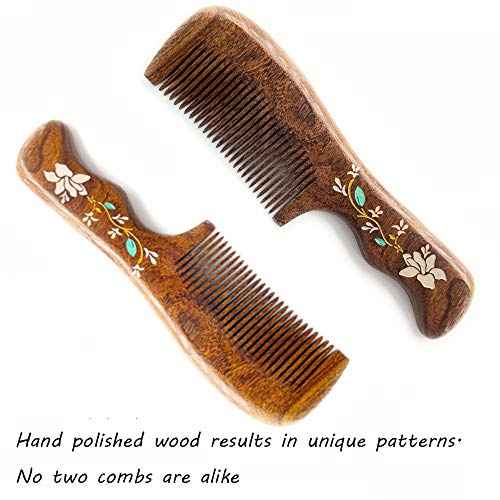 Natural Handmade Sandalwood Hair Comb, Anti-Static Hair Detangler Wooden Combs for Men,Women,Kids Fine Tooth Wood Comb (Flower drawing with free pouch)