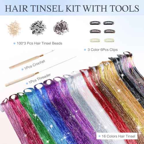 DOORES Hair Tinsel Kit with Tools, Tinsel Hair Extensions 16 Colors 48 Inch 3200 Strands, Colorful Hair Tinsel Stylable Fairy Hair Tinsel for Christmas Halloween Cosplay Party Sparkling Shiny