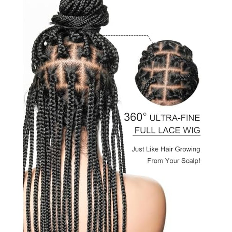 36" Knotless Large Box Braided Wig for Black Women ? 47 Strands, 360¡Æ Swiss HD Full Lace, Human Baby Hair, Lightweight Synthetic Braids