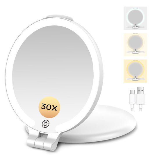 FUNTOUCH Rechargeable Travel Makeup Mirror 30X Magnification, 7" Lighted Portable Vanity Mirror with 3 Colors Lighting & Stepless Dimming, Double Sided LED Mirror, Gift for Women,White