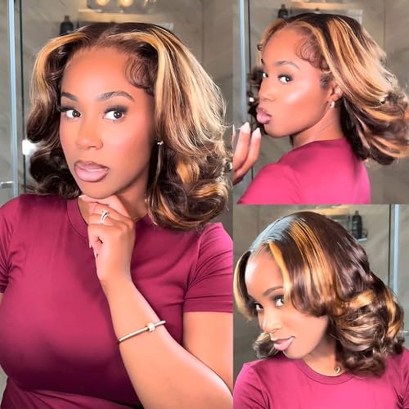 RECOOL Highlight Wig Human Hair Loose Body Short Bob Wig Human Hair Ombre Short Bob Wigs For Black Women 5x6 HD Glueless Wigs Human Hair Pre Plucked Pre Cut Bleached Knots 1B/2/30 Mixed Color Wig