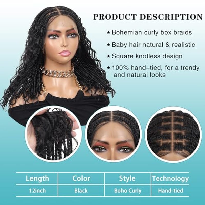Kalyss 12inch 13x8 HD Lace Front Short Boho Braided Wigs for Women Full Lace Knotless Braided Wig with Bohemian Curly Box Braid Wig with Baby Hair Natural Black Premium Synthetic Braid Wigs