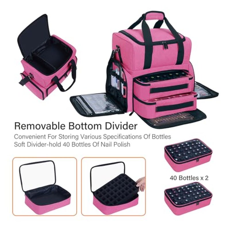 Nail Polish Organizer Holds 80 Bottles & Nail Art Lamp, Portable Large Capacity Storage with 2 Removable Storage Bags Store Nail Art Tools, Suitable for Manicurists(Rose Red)