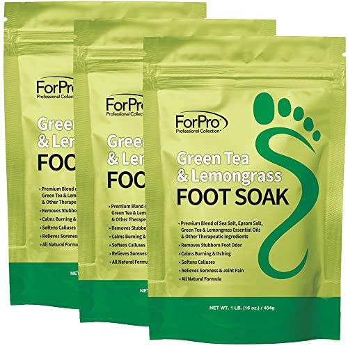 ForPro Professional Collection Green Tea & Lemongrass Foot Soak with Sea & Epsom Salt for Toenail Athletes, Stubborn Odor Scent, Softens Calluses & Soothes Sore Tired Feet - 48 Ounces (3 1-lb Packs)