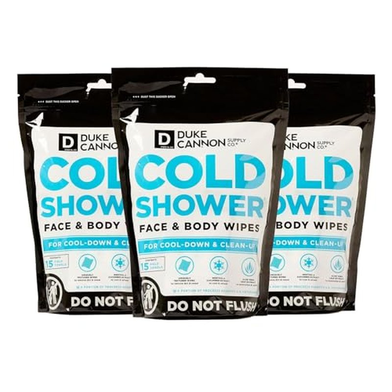 Duke Cannon Cold Shower Cooling Field Towels ? Menthol Body Wipes for Men, No Rinse Face & Body Cleansing Wipes, 15 Individually Wrapped Towels (3 Pack)
