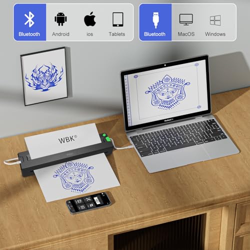 wbk Tattoo Stencil Printer,2026 New Thermal Portable Wireless Bluetooth Inkless Tattoo Printer Machine for Tattoo Beginners&Artists,with 3pcs Tattoo Transfer Paper,Compatible with Phone/Pc&Pad