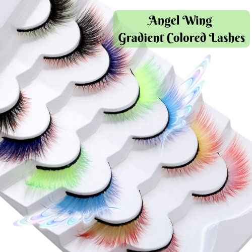 Outopen 7 Pairs Angel Colored Lashes Fluffy Wispy Winged False Eyelashes Halloween Cosplay Makeup Colorful Eye Lashes Like Extensions