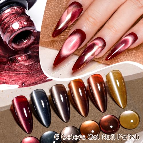 MEET ACROSS Amber Cat Eye Gel Polish Set Brown Glitter Gel Polish Kit Nude Cat Eye Gel Nail Polish Magnet Translucent Soak Off UV Cateye Nail Polish with Magnet Fall and Winter Gifts