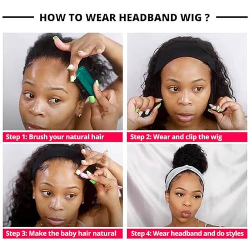 Kinky Straight Human Hair Headband Wigs 24 Inch Glueless None Lace Front Wigs Machine Made Virgin Kinky Straight Human Hair for Black Women 180% Density Natural Color