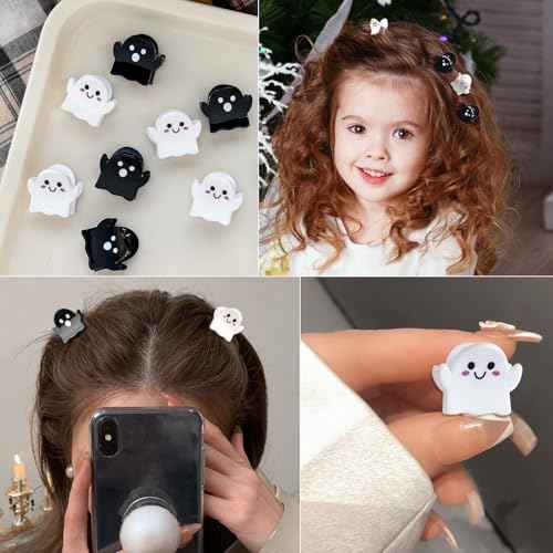 8Packs Mini Halloween Christmas Hair Clips,Spooky Cute Ghost Hair Accessories Acrylic Claw Clips Strong Hold Non Slip Hair Decorations for Women Girls (black and white)