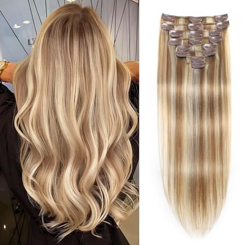 Clip in Hair Extensions Real Human Hair, Seamless Clip ins Real Human Hair for Women, Remy Human Hair Clip in Extensions, Double Weft 8pcs 20 inch Light Blonde Highlighted Golden Blonde