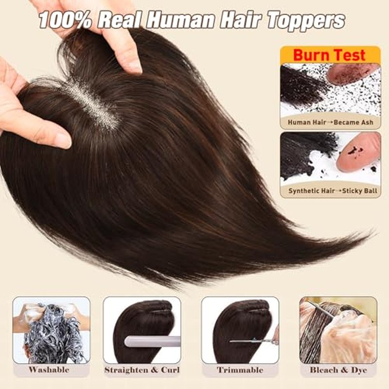 Large Coverage 5.1x5.9inch Hair Toppers for Women Real Human Hair No Bangs Swiss Base Wig Topper Womens Hair Topper for Thinning Hair 150% Density Remy Hair Wiglets #2