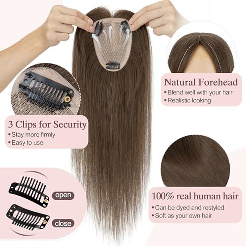 SEGO Real Human Hair Toppers for Women - Large Full Silk Base, 9 * 14 cm, Clip In Topper, 150% Density, No Bangs, 10 Inch #2Y Dark Smoky Brown