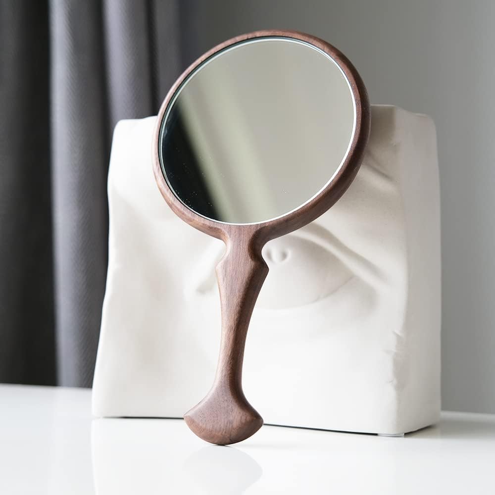 Vintage Hand Mirror - 11” L x 5.5” W | Walnut Wood, Multi-Purpose Design for Home & Travel
