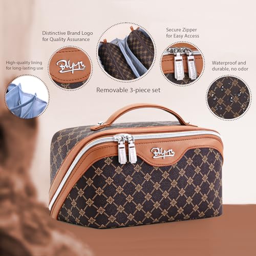 BOYATU Travel Makeup Bag Cosmetic Bags for Women: 3 Pcs Set Large Portable Make up Bag with Handle - Vegan Leather Toiletry Bags with Compartments - Makeup Organizer for Travel Essentials(A-1-Coffee)