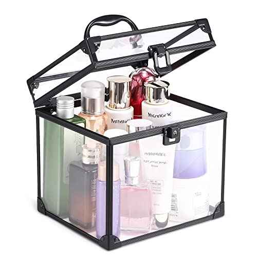 Noverlife Portable Crown Case for Pageants, 8x7x7.5inch Clear Makeup Tools Storage, Large Cosmetic Display, Travel Toiletry Organizer Train Box With Latches, Tiara Storage for Women