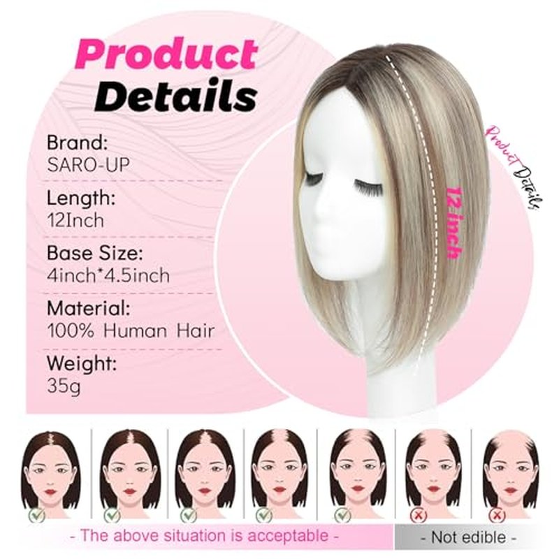 SARO-UP Hair Toppers for Women Real Human Hair Toppers for Women with Thinning Hair 4x4.5 inch Larger Mono Base 150% Density HairPieces Add Volume 12Inch (Ombre Light Brown with Blond Highlight)