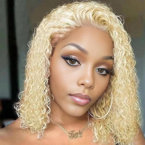Blonde Bob Wig Human Hair 613 13x6 Lace Front Wig Human Hair Short Curly Bob Wigs for Black Woman Glueless Wigs Human Hair 613 Frontal Wigs Pre Plucked With Baby Hair180% Density (14 Inch)