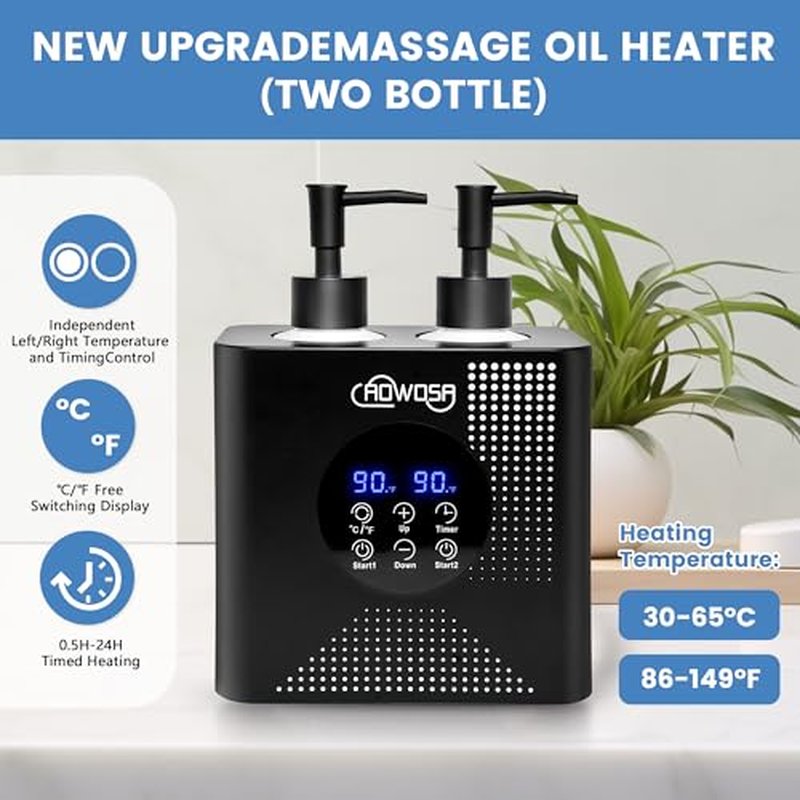 Massage Oil Warmer Double Bottle Professional Electric Lotion Digital Heater for SPA, Portable Oil Warmer Heated Cream for Beauty Salon Home, with ¡É/¢µ Switchable Display, Four Dispenser Bottle