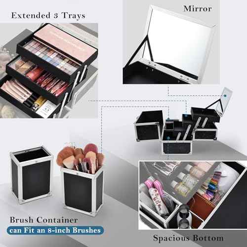 FRENESSA Makeup Train Case Makeup Box 11.8 Inch Large Makeup Case Organizer 3 Trays with Mirror Locking Cosmetic Storage Box for Cosmetics Nail Supplies Sewing Travel Case Black Floral