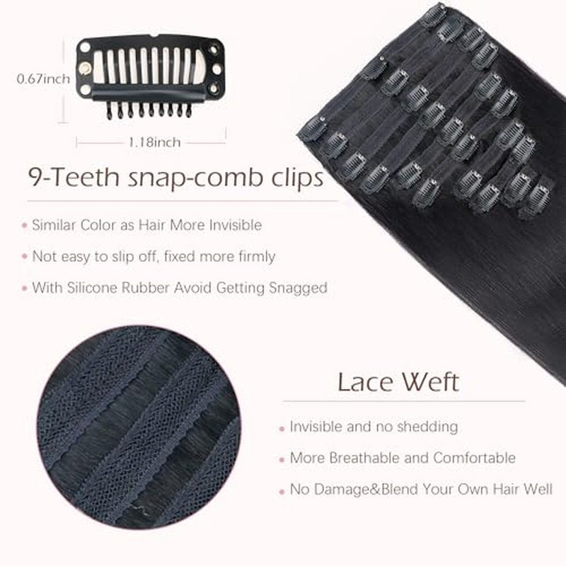Clip in Hair Extensions for Black Women Seamless Clip in Hair Extensions 100% Unprocessed Full Head Brazilian Virgin Straight Human Hair Natural Black Color,10/Pcs with 24Clips,150 Gram (22inch)