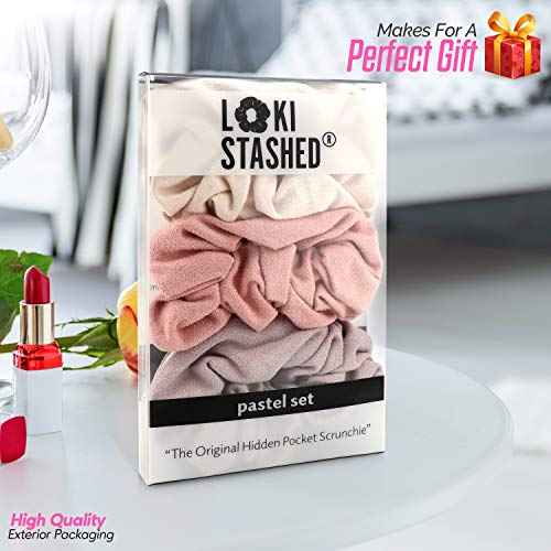 3-PACK Suede Hair Tie Scrunchies for VSCO Girls & Women, THE ORIGINAL HIDDEN POCKET SCRUNCHIE with Zipper Pocket Storage, Accessories, Small Items, Keys, Money (Pastel)