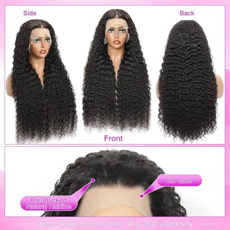Deep Wave Lace Front Wigs Human Hair 13x6 HD Transparent Lace Front Wigs Human Hair 200% Density Deep Curly Human Hair Wig Pre Plucked Deep Wave Frontal Wigs Natural Color 24 Inch